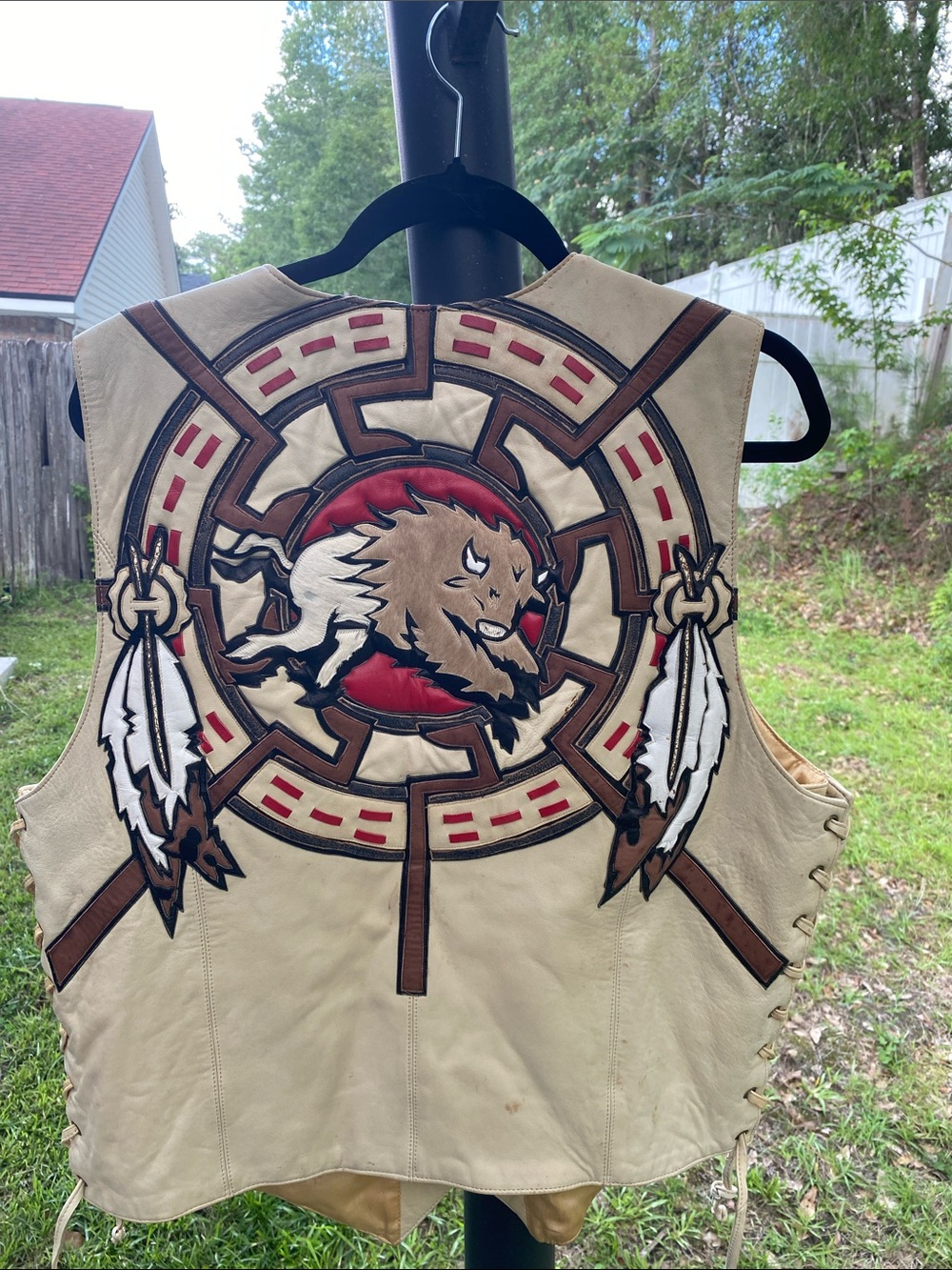 Volcano Vintage Rare Fringe Leather Bikers Vest Bison Embroidered Beige Size L